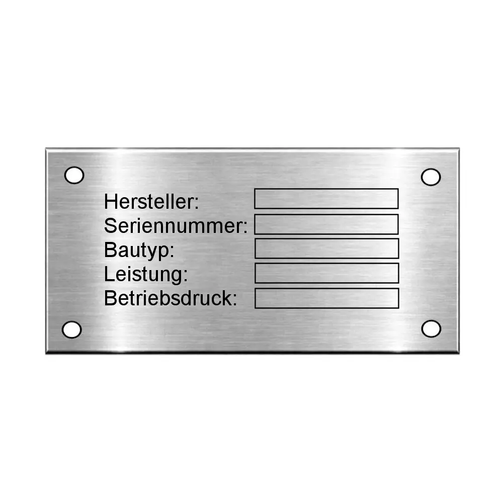 Edelstahl Typenschild online bestellen mit Gravur Maße: 70x35 mm mit 4 Bohrungen