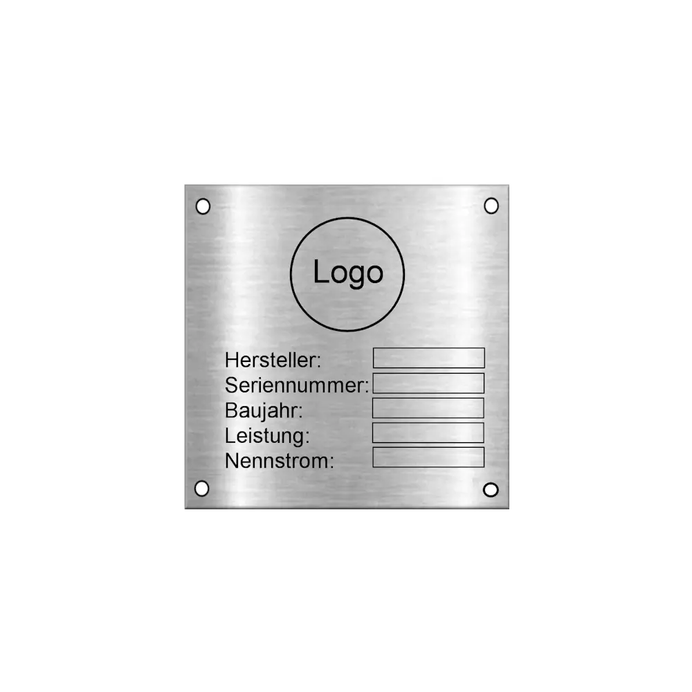 Typenschild selber erstellen mit Lasergravur Maße: 40x40 mm mit 4 Bohrungen