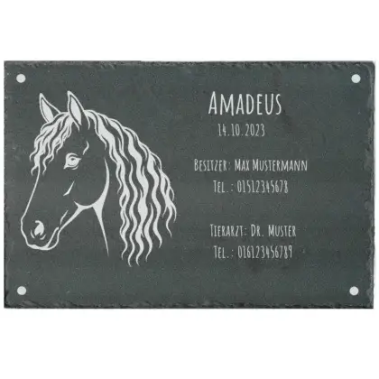 Boxenschild für ein Pferd aus Schiefer mit Gravur Maße: 300x200 mm mit 4 Bohrungen