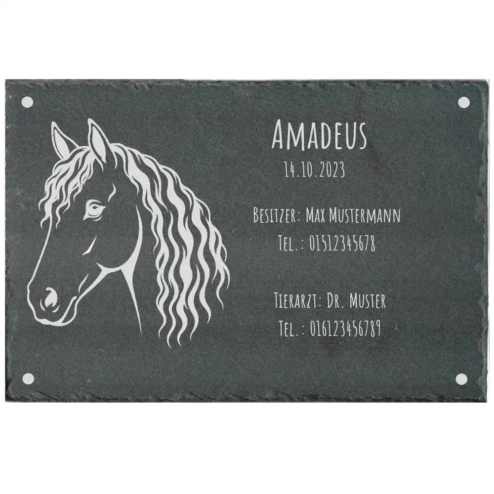 Boxenschild für ein Pferd aus Schiefer mit Gravur Maße: 300x200 mm mit 4 Bohrungen