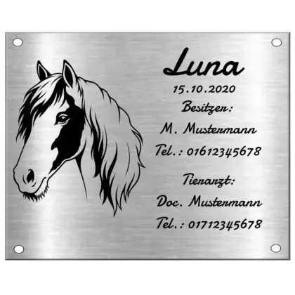 Namensschild für ein Pferd aus Edelstahl mit Gravur Maße: 250x200 mm mit 4 Bohrungen