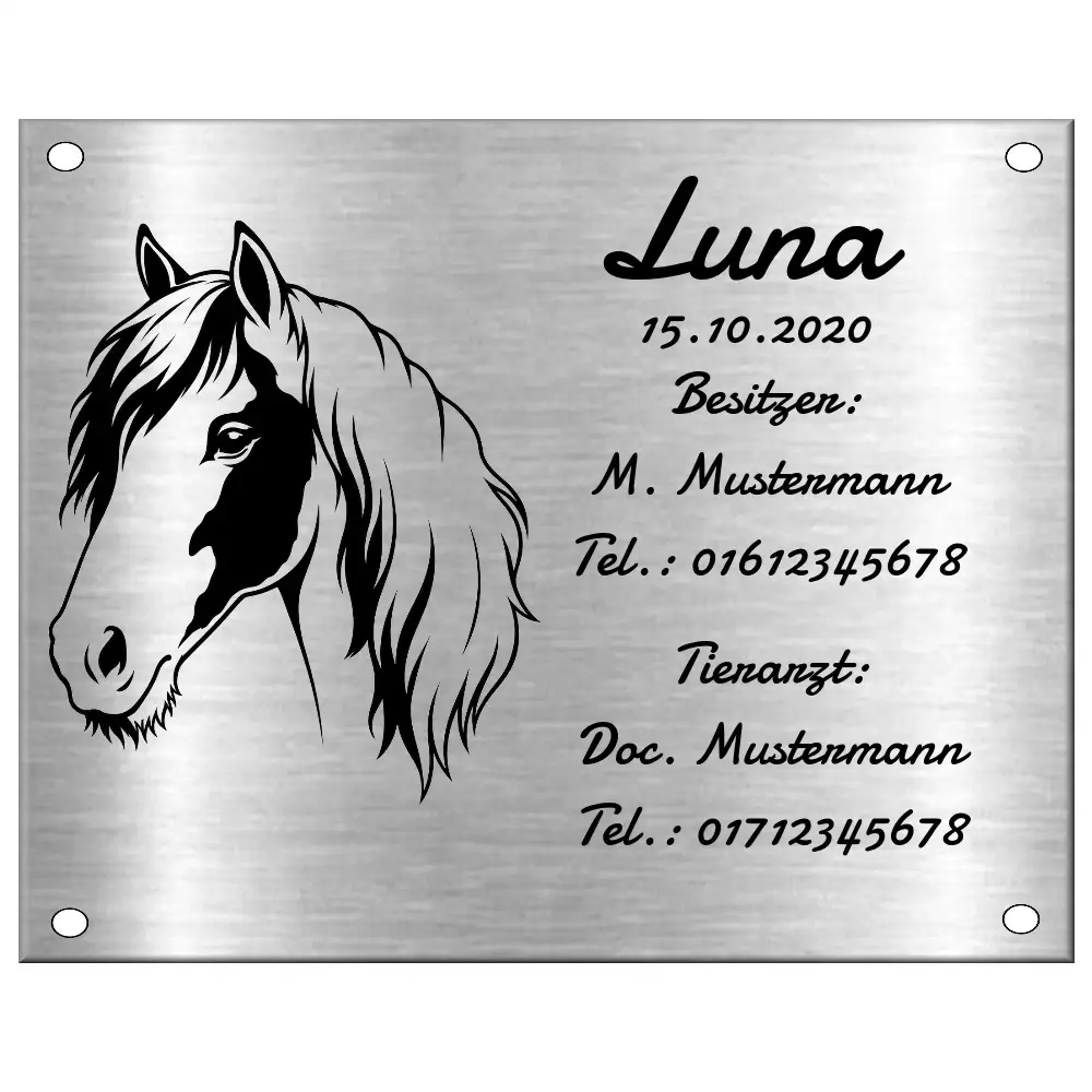 Namensschild für ein Pferd aus Edelstahl mit Gravur Maße: 250x200 mm mit 4 Bohrungen