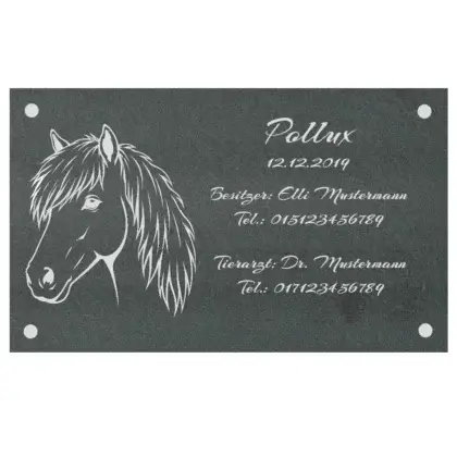 Personalisiertes Boxenschild aus Schiefer mit Gravur Maße: 200x120 mm mit 4 Bohrungen