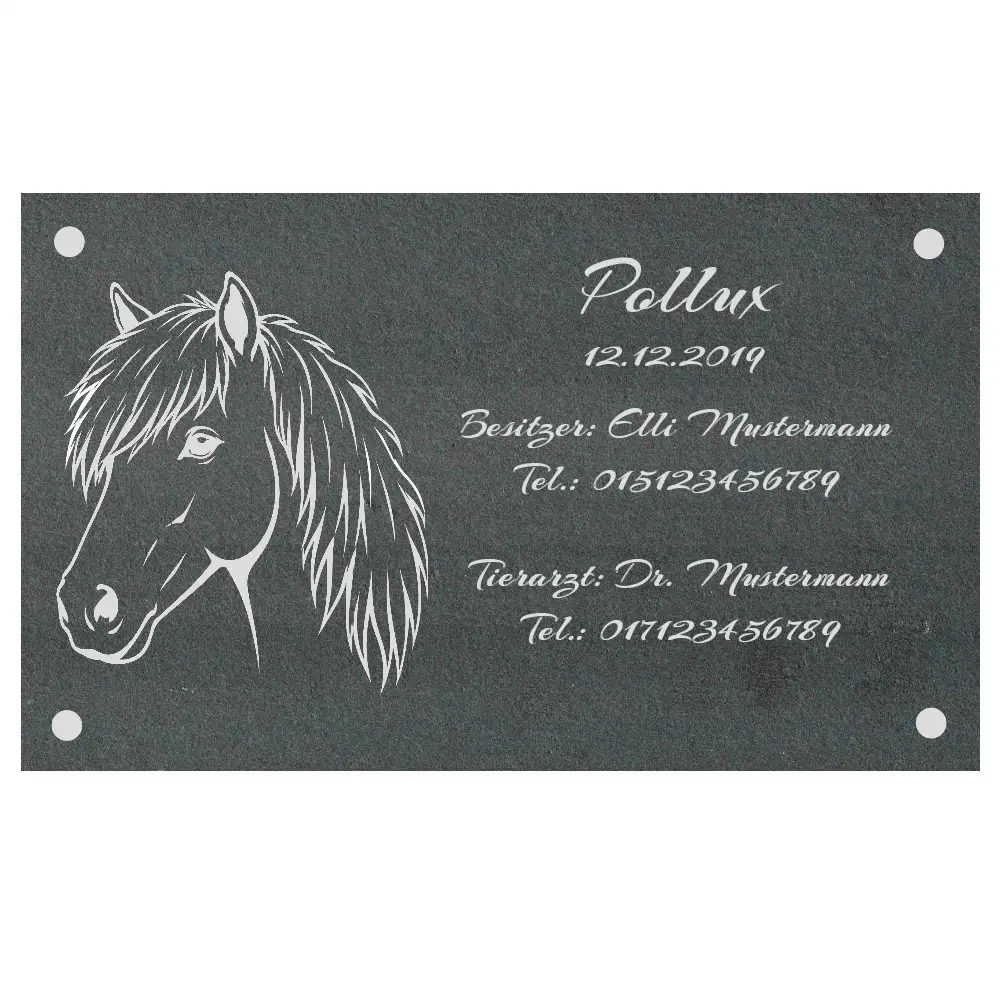Personalisiertes Boxenschild aus Schiefer mit Gravur Maße: 200x120 mm mit 4 Bohrungen