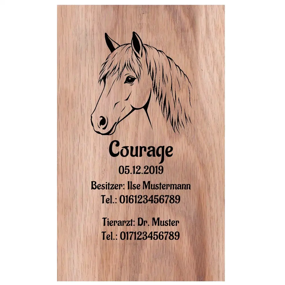 Pferdeboxenschild aus Holz (Eichenholz) mit Gravur Maße: 140x230x25 mm