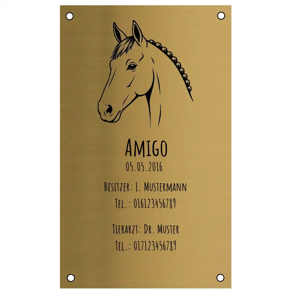 Stalltafel beschriften aus Edelstahl in Messingoptik Maße: 100x165 mm mit 4 Bohrungen