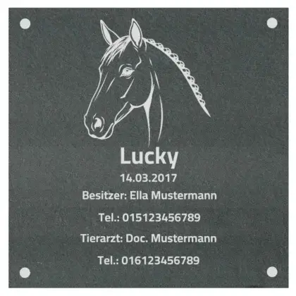 Stallschild für ein Pferd aus Schiefer mit Gravur Maße: 170x170 mm mit 4 Bohrungen