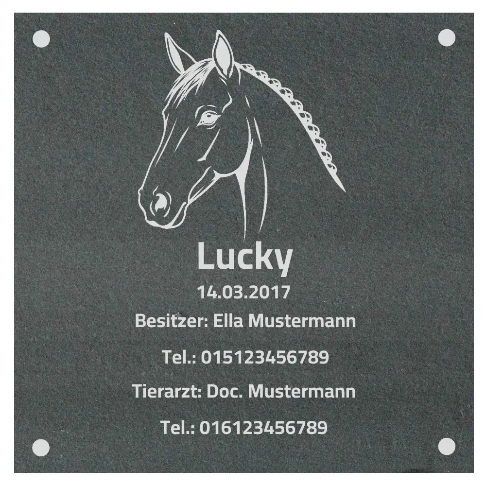 Stallschild für ein Pferd aus Schiefer mit Gravur Maße: 170x170 mm mit 4 Bohrungen