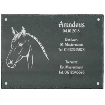 Stalltafel für ein Pferd aus Schiefer mit Gravur Maße: 220x160 mm mit 4 Bohrungen