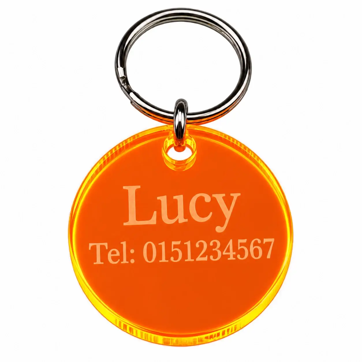 Hundeanhänger Halsband mit Gravur fluoreszierend in Orange D= 40 mm mit Ring