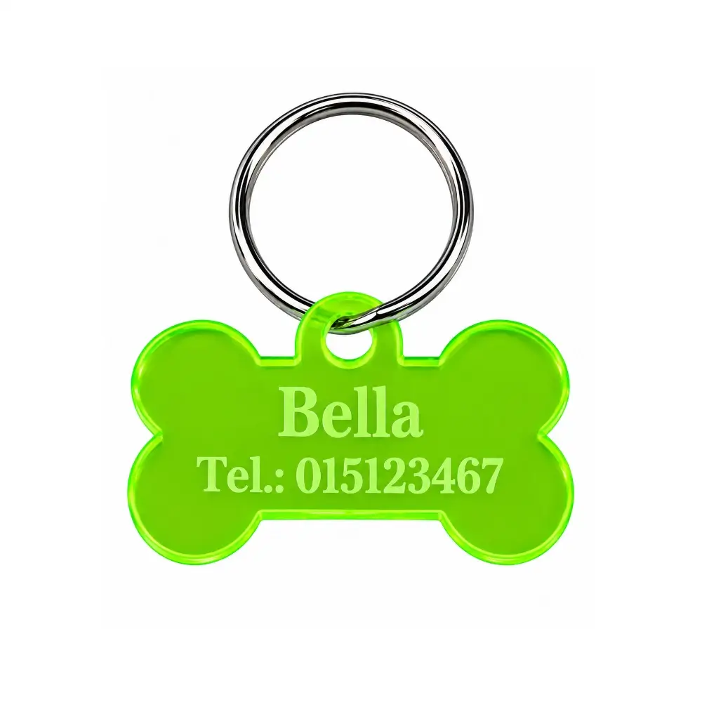 Hundemarke Knochen mit Gravur aus Acryl fluoreszierend Maße: 45x30 mm mit Ring