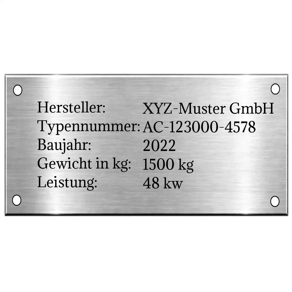 Individuelles Typenschild aus Edelstahl mit Lasergravur Maße: 150x75 mm mit Bohrungen
