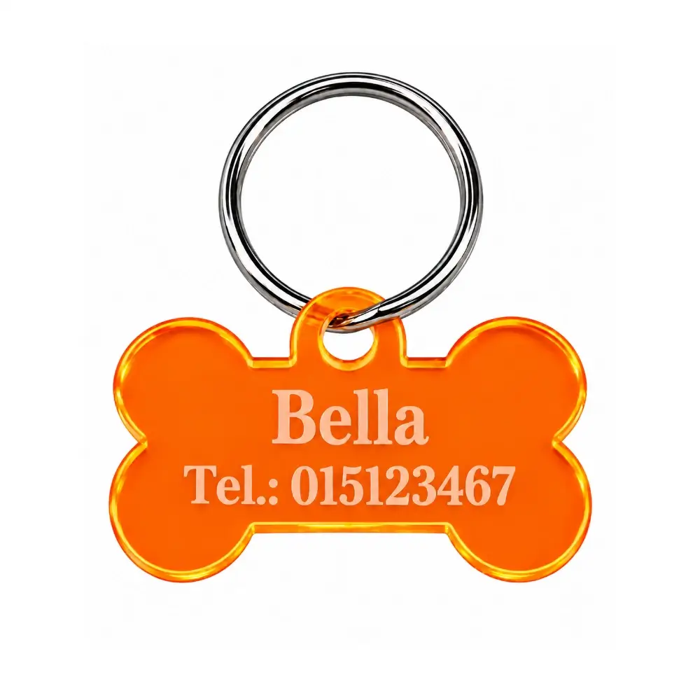 Personalisierte Acryl Hundemarke fluoreszierend in Orange Maße: 45x30 mm mit Ring