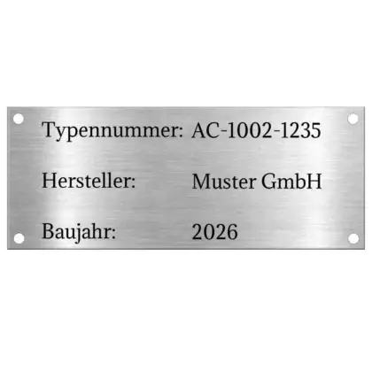 Typenschild online bestellen nach Maß bis 300 mm Breite skalierbar 4 Bohrungen