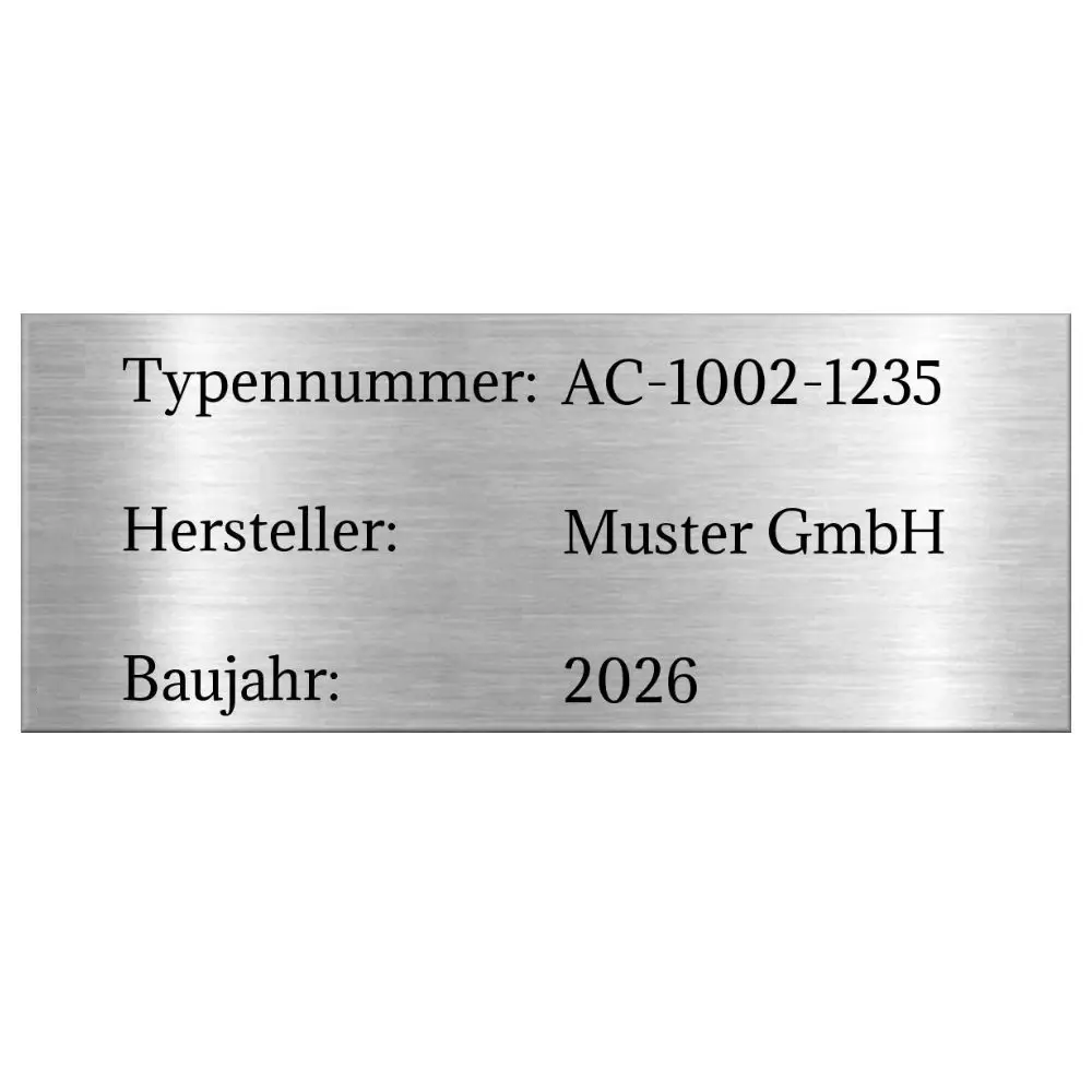 Typenschild bestellen nach Maß bis 300 mm Breite skalierbar